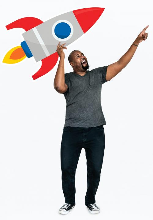 Cheerful man with a launching rocket symbol - 477511