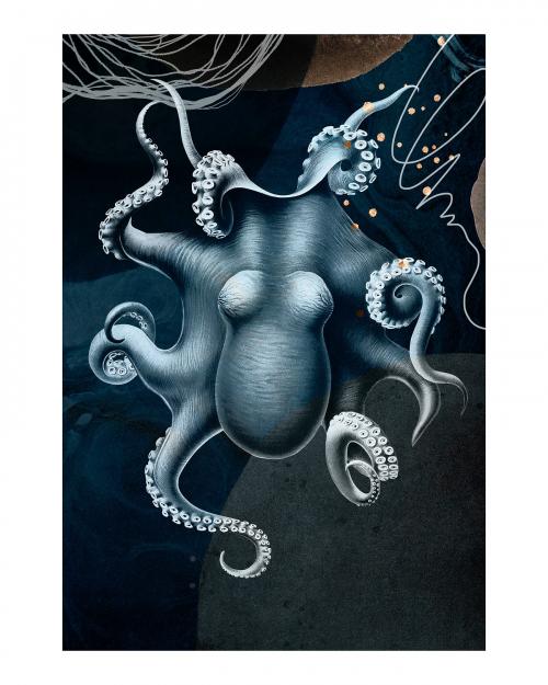 Vintage octopus illustration wall art print and poster. Remix from original painting by Carl Chun. - 2265715