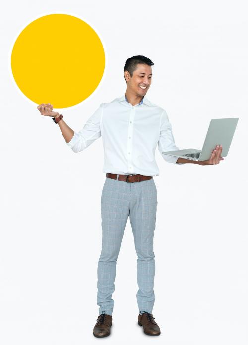 Happy man carrying a laptop and holding a board - 475685