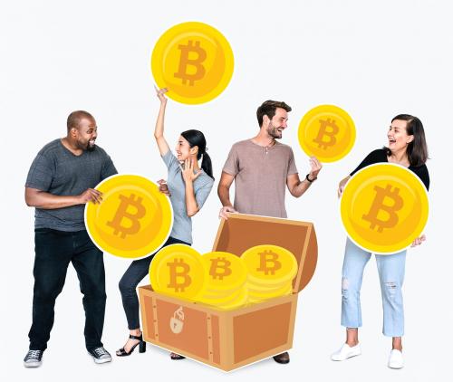 Diverse people investing in bitcoin cryptocurrency electronic cash - 477224