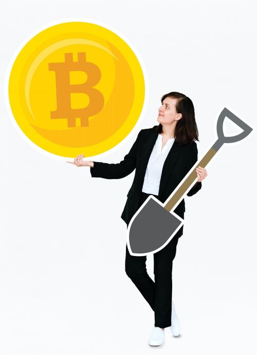 Businesswoman holding bitcoin cryptocurrency and mining concept icons - 477237