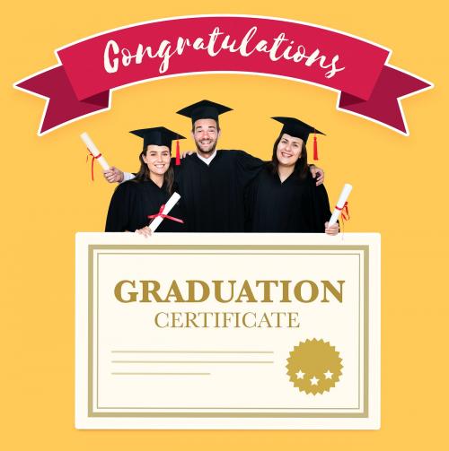Group of grads in cap and gown with graduation certificate - 477301