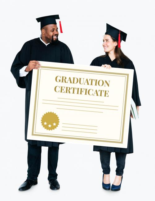 Female and male grad holding a graduation certificate - 477307