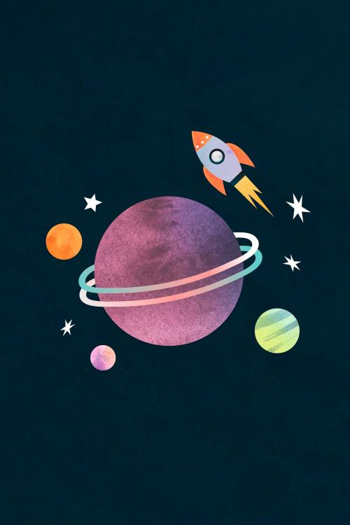 Colorful galaxy watercolor doodle with a rocket on black background vector - 1230064