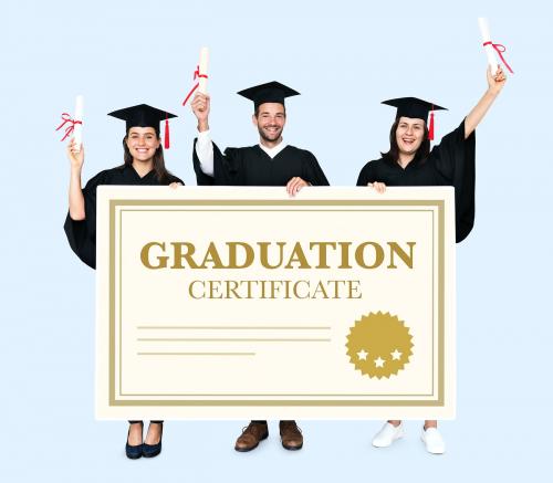 Group of grads in cap and gown with graduation certificate - 477365