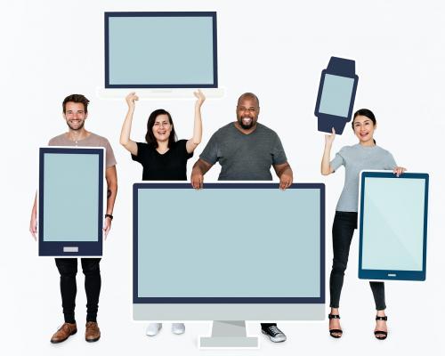 Diverse people with various mockup of digital devices - 477397