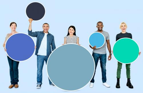Diverse people holding blank colorful circle boards - 470842