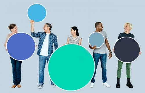 Diverse people holding blank colorful circle boards - 470846