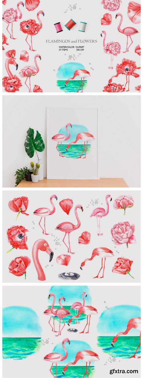 FLAMINGOS and FLOWERS Watercolor Clipart 4414138