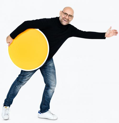 Happy man holding a round yellow board - 475258