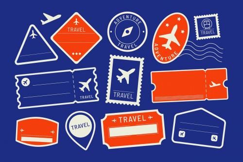 Red and blue travel stickers set vector - 1229272