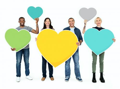 Diverse people holding colorful hearts - 470509