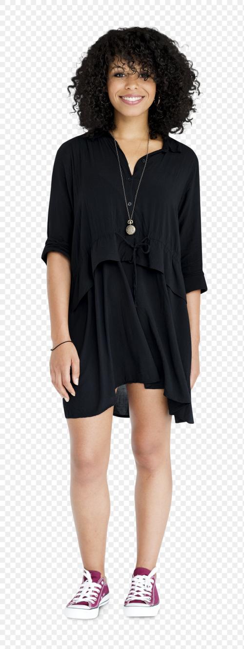 Happy woman in a black dress transparent png - 1232541