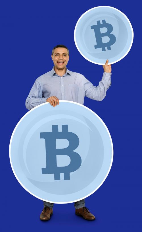 Happy businessman earning bitcoin currency - 470719
