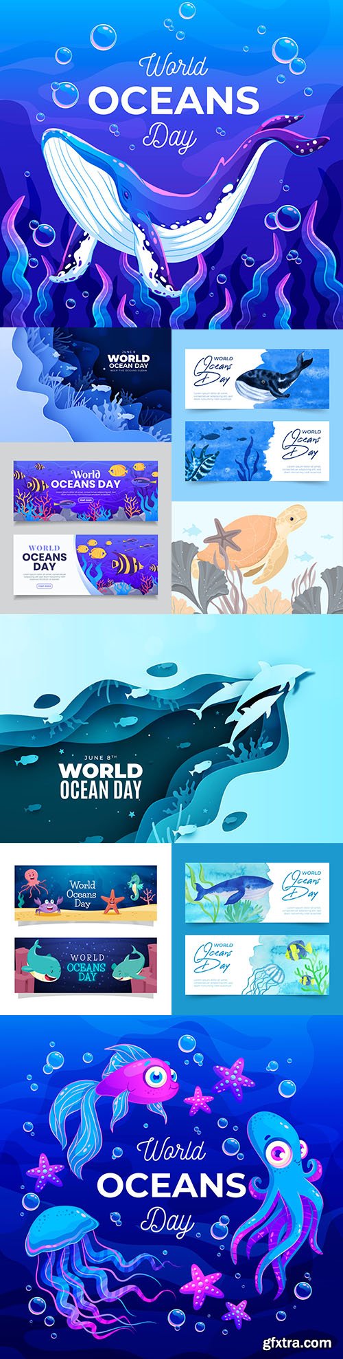 World ocean day with marine dwellers cartoon illustrations