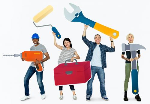 Cheerful diverse people holding tools - 469385