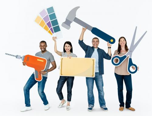 Cheerful diverse people holding tools - 469419