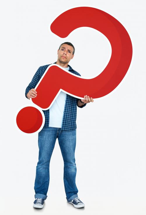 Confused man holding a question mark icon - 469457