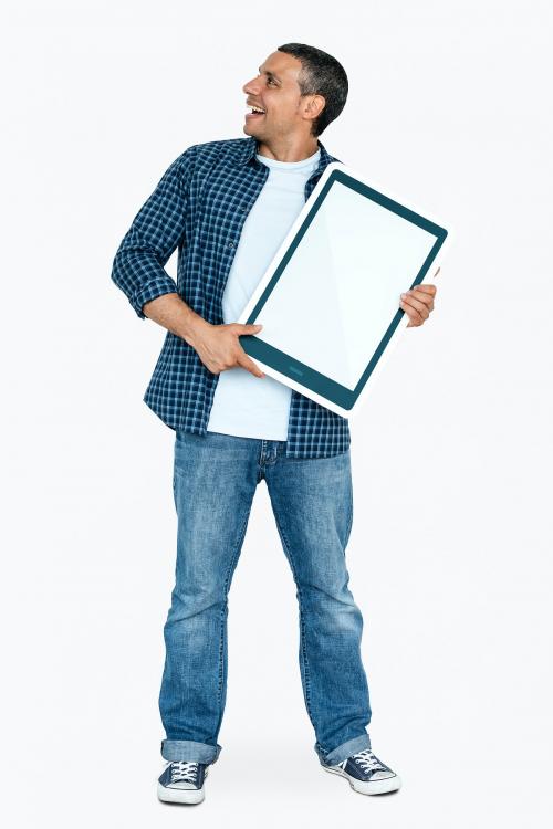 Happy man holding a tablet icon - 469543
