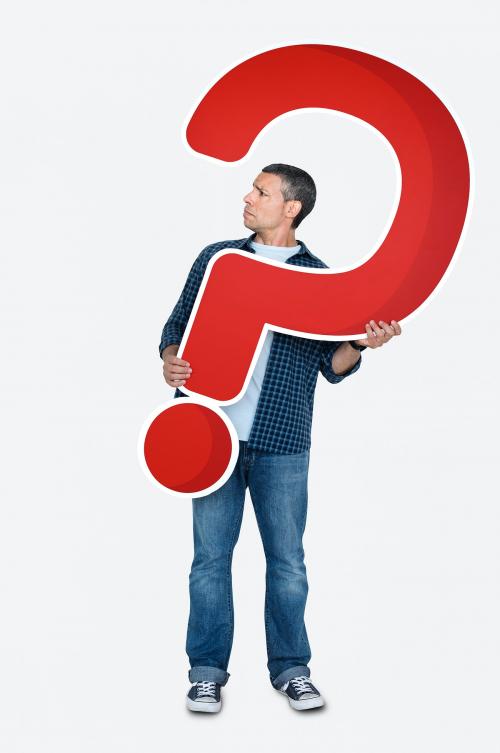 Confused man holding a question mark icon - 469662
