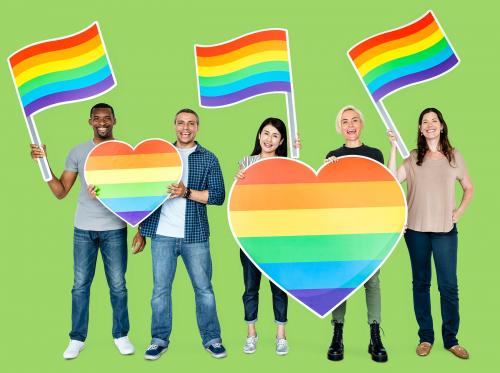 Diverse people holding rainbow banners - 470016