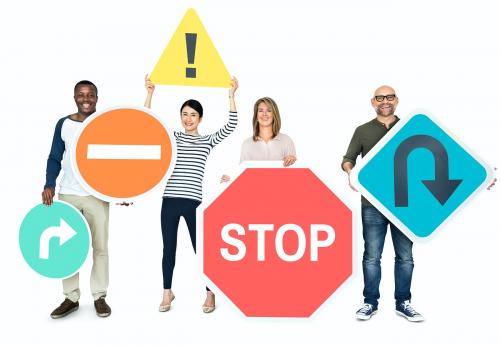 Happy diverse people holding road signs - 470095