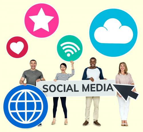 Happy diverse people holding social media icons - 468388