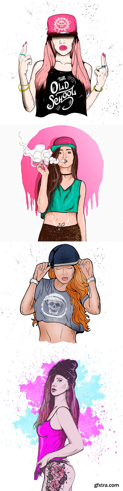 Fashion and stylish young girl in cap rap style illustrations