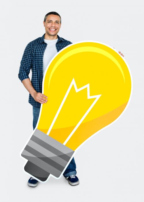 Happy man holding a light bulb icon - 469221