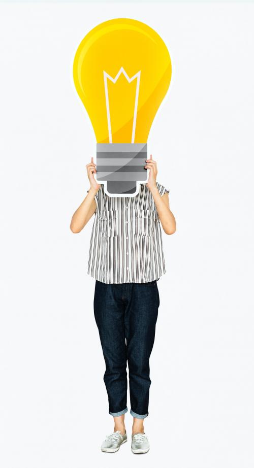 Woman holding a light bulb icon - 469234