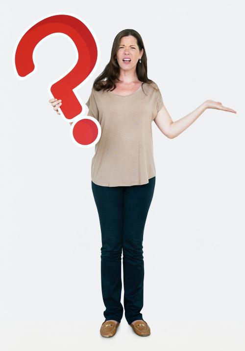 Confused woman holding a question mark icon - 469235