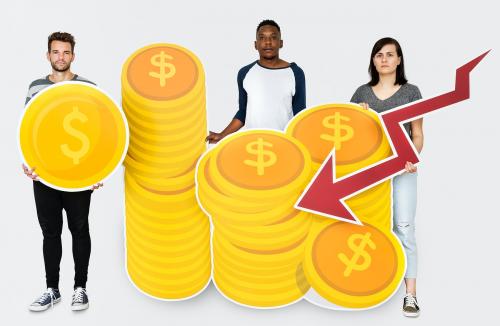 People holding icons related to money and currency concept - 451269