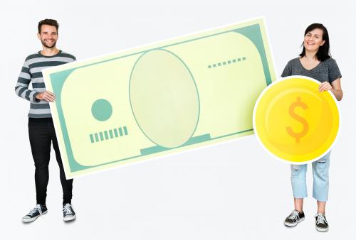 People holding icons related to money and currency concept - 451273