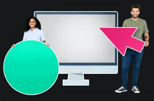 People holding icons in front of a computer monitor paper cutout - 451347