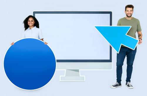 People holding icons in front of a computer monitor paper cutout - 451358