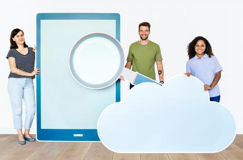 People with paper cutouts of magnifying glass, tablet, and cloud symbol - 451480