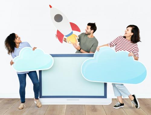 Cloud storage and innovation concept shoot featuring a rocket icon - 451541
