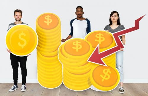 People holding icons related to money and currency concept - 451631