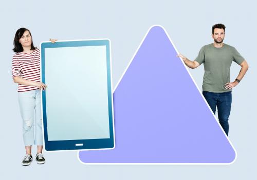 People holding different icons in front of a giant paper cutout - 450714