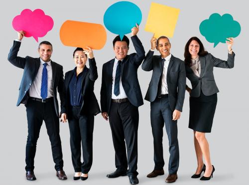 Cheerful business people holding speech bubble icon - 414617