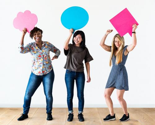 Cheerful people holding speech bubble icon - 414628