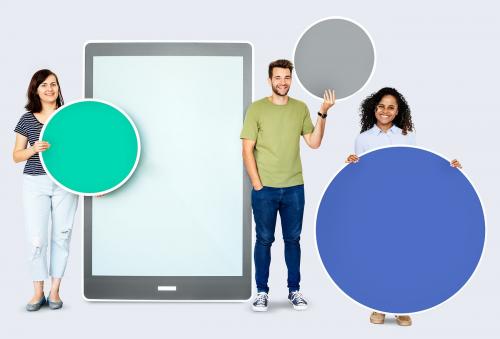People holding geometric icons in front of a paper cutout of a tablet - 450455