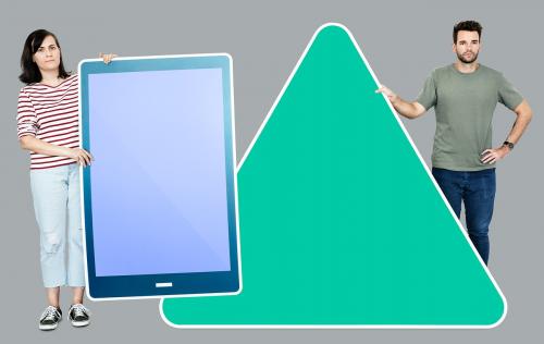 People holding a triangular icon in front of a giant paper cutout of a tablet - 450473