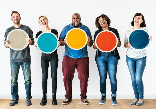 Diverse people holding blank round board - 388285