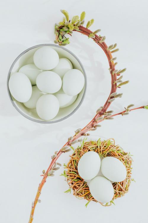 Aerial view of raw eggs on a white marble table - 937450