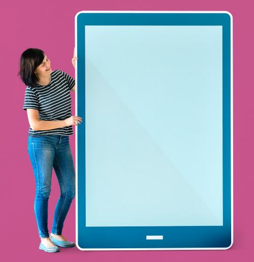 Woman holding a blue tablet mockup - 404852