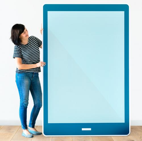 Woman holding a blue tablet mockup - 405008