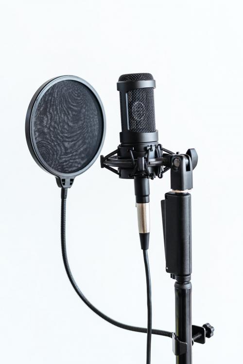 Professional condenser microphone with a pop filter in a studio - 1225609