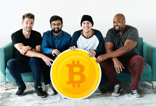 Group of diverse men with bitcoin icon - 414587