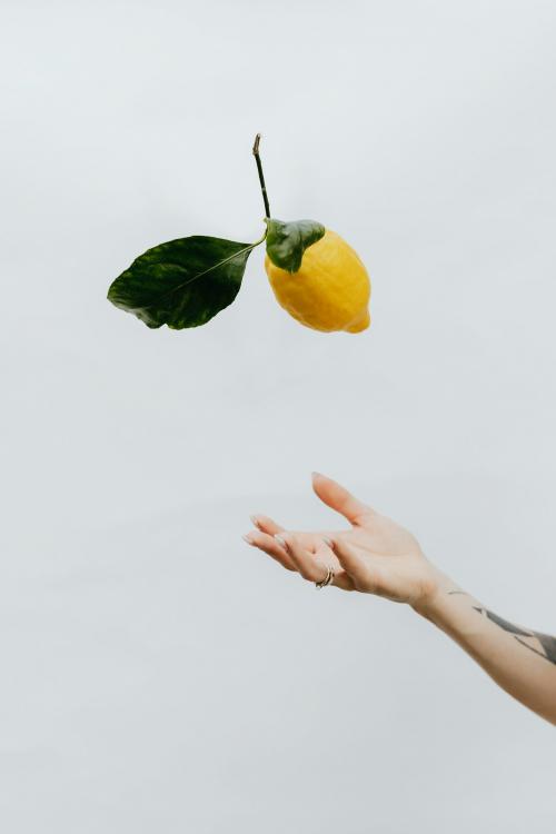 Tattooed hand throwing a lemon up in a gray sky - 1207928